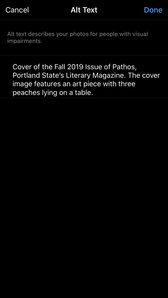 Sample alt text for the example image is presented. It reads, cover of the Fall 2019 issue of Pathos, Portland State's Literary Magazine. The cover image features an art piece with three peaches lying on a table.