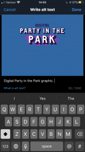 Twitter alt text example. The alt text box reads "Digital Part in the Park graphic."