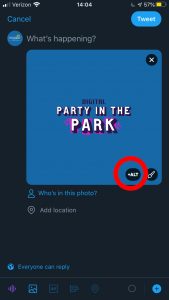 Party in the Park graphic is being uploaded to Twitter. The "ALT" button is circled and located on the bottom right corner of the photo.