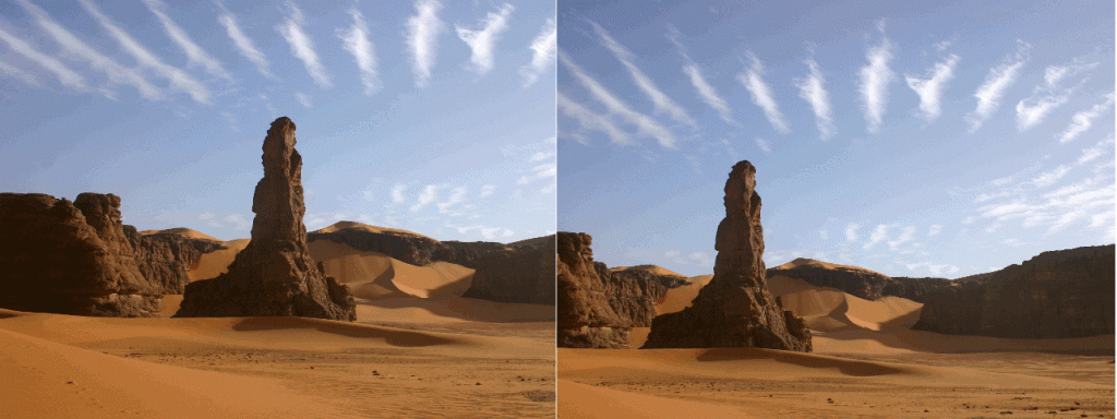 An example of the rule of thirds. The first photo shows a stone pillar centered in the frame. The second photo shows the stone pillar moved to the left third of the frame, illustrating how a photo can look more dynamic when the subject isn’t centered.