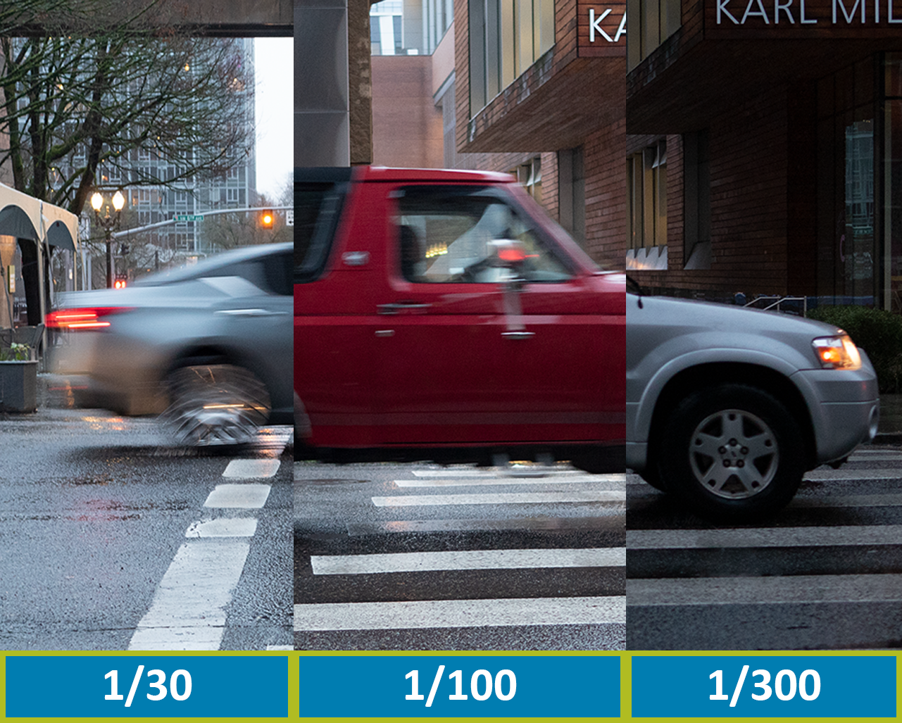 a series of car images showing that increased shutter speed leads to less motion blur in photos