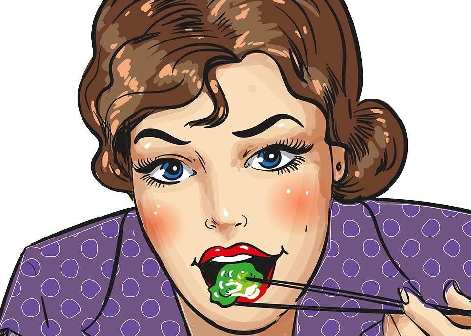 a close up graphic of a person eating using a pair of chopsticks