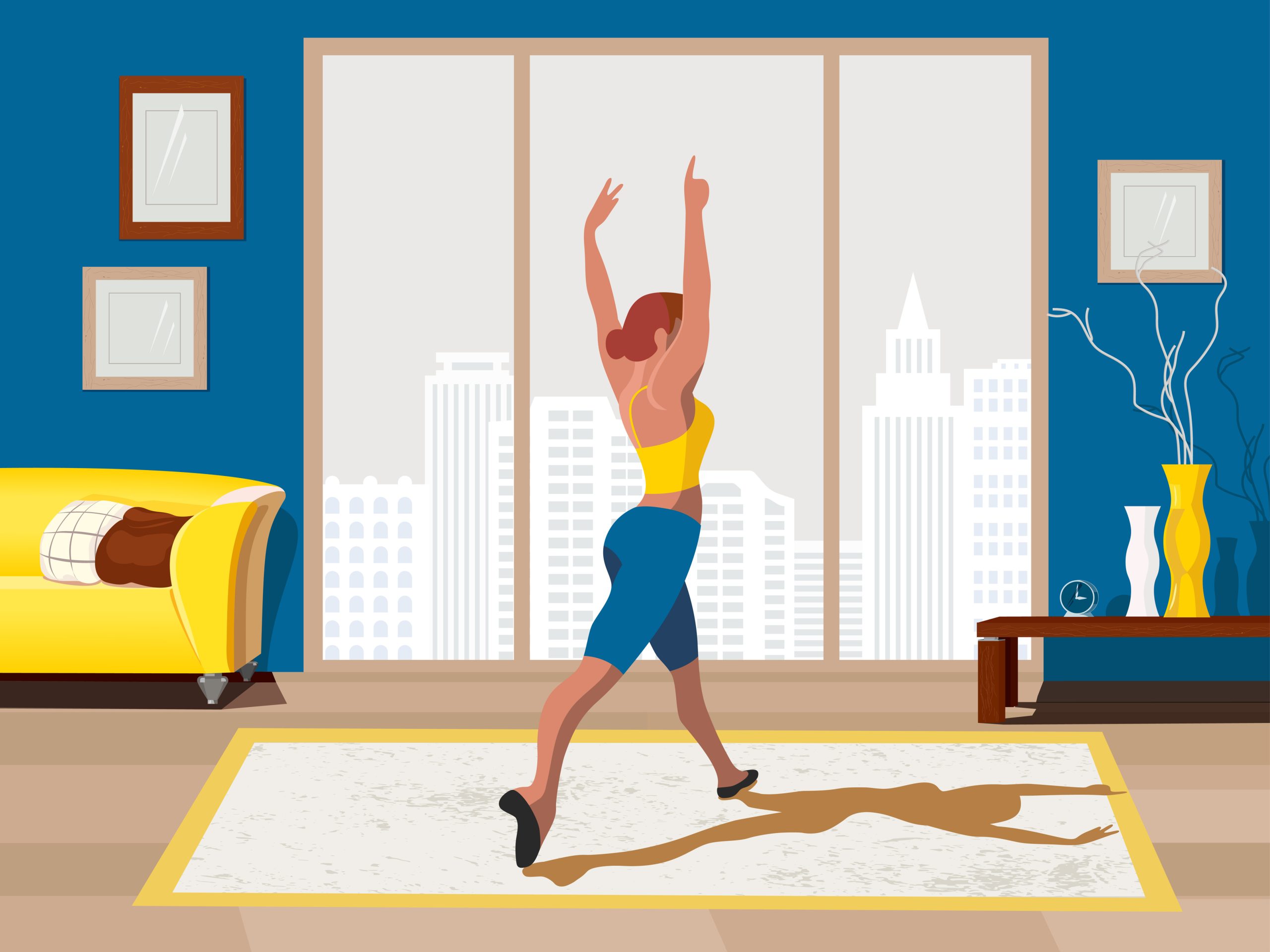 a graphic of a person stretching, with their living room visible in the photo