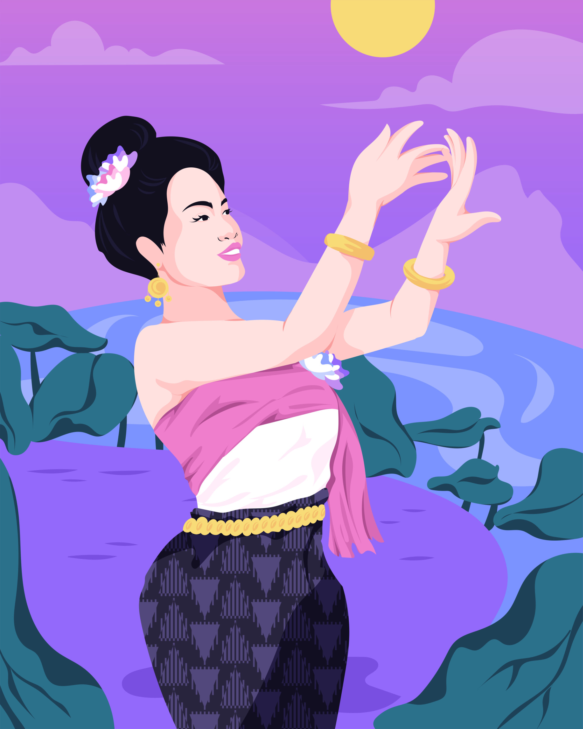a graphic showing a woman dancing in Thai traditional dress. 