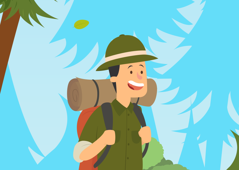 a graphic showing a person in safari gear, with foliage in the background 